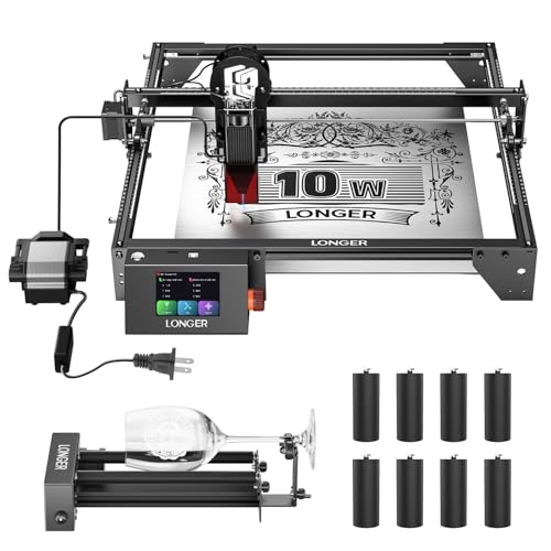 Longer RAY5 10W Laser Engraver with Air Assist Kit, Rotary Roller kit, and 8 Pcs Raiser, High Precision Laser Cutter and Engraver for Wood, Metal, Acrylic, Cylindrical Objects, Tumblers Longer