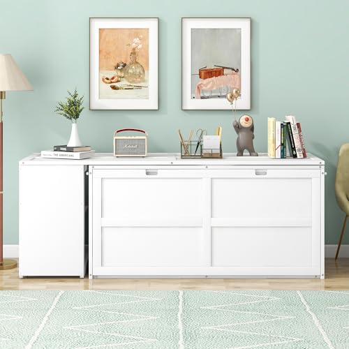 FAVSH Queen Size Murphy Bed with Rotable Desk,Solid Pine Wood & MDF Wall Bed, Space-Saving Hidden Bed,Easy Assembly Fold-The-Way Bed,No Box Spring Needed,White FAVSH