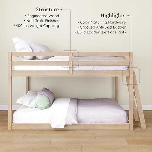 Grain & Grove Bear Twin Over Twin Bunk Bed, Low Bunk Bed Frame for Kids, Bunk with Ladder, Guardrail and Slats, No Box Spring Required, Oak Embossed Natural Grain & Grove