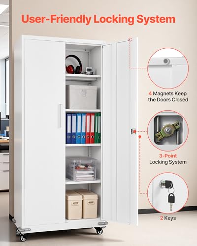 VEVOR Metal Storage Cabinet, 72.6 in Rolling Steel Garage Cabinet with 4 Adjustable Shelves, 2 Magnetic Doors & 2 Keys, 5 Tiers Lockable Tool Storage for Pantry, Warehouse, Basement, Office, White VEVOR