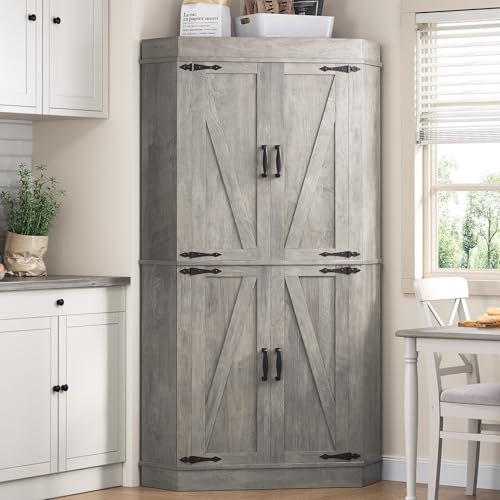 Jocoevol Corner Kitchen Pantry Storage Cabinet with Doors, Kitchen Hutch, 71'' Tall Food Storage Cabinet Furniture for Living Room, Dining Room (Grey) Jocoevol