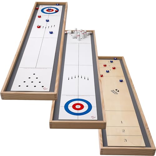 Sterling Games Tabletop Shuffleboard, Bowling and Curling 3 in 1 Combo Game Set, Two Sided Wooden Arcade Game Board with Pucks and Bowling Pins, a Table Top Game for Kids and Family STERLING