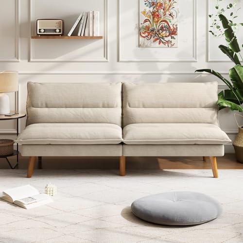 LINSY HOME Futon Sofa Bed - Convertible Corduroy Futon Couch Bed with Adjustable Backrest, Modern Small Loveseat Sleeper Sofa for Small Spaces, Living Room, Apartment or Office (Beige) LINSY HOME
