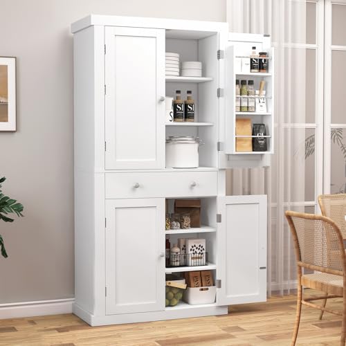 FIONESO 72” Pantry Cabinet, Kitchen Pantry Cabinet with 6 Doors Shelves and 1 Drawer, Tall Storage Cabinet, Cupboard with 4 Door for Kitchen, Dinging Room, Living Room, White FIONESO