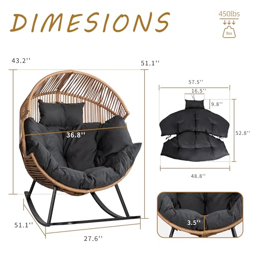 Shintenchi Wicker Egg Chair,Oversized Outdoor Indoor Rocking Chair,Large PE Rattan Rocking Chair with Cushion for Patio, Balcony, Backyard, Garden,Deep Grey Shintenchi