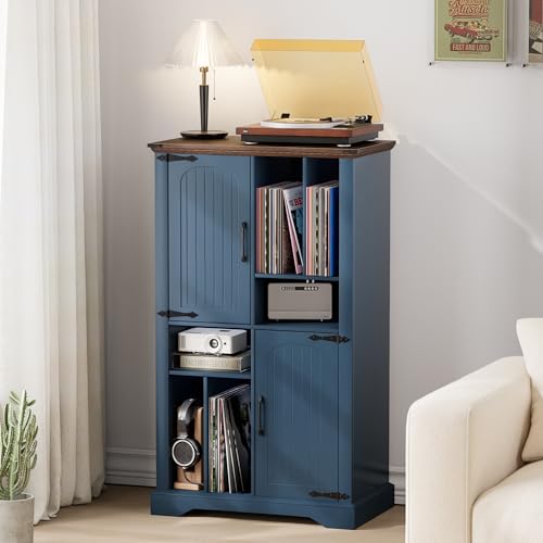 Maupvit Large Record Player Stand, 47" Farmhouse Navy Blue Vinyl Record Storage Cabinet with Barn Doors, Mid-Century Freestanding Rustic Wood Turntable Stand Maupvit