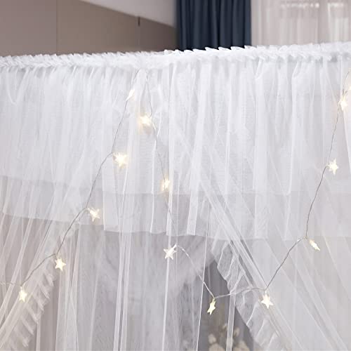 VETHIN 4 Corners Post Ruffle Princess Bed Canopy Curtain-Double Layer Cozy Drape Netting 4 Opening Mosquito Net for Girls Adults Bedroom Decoration (White/White, 53" W*78" L*82"*H/(Full))