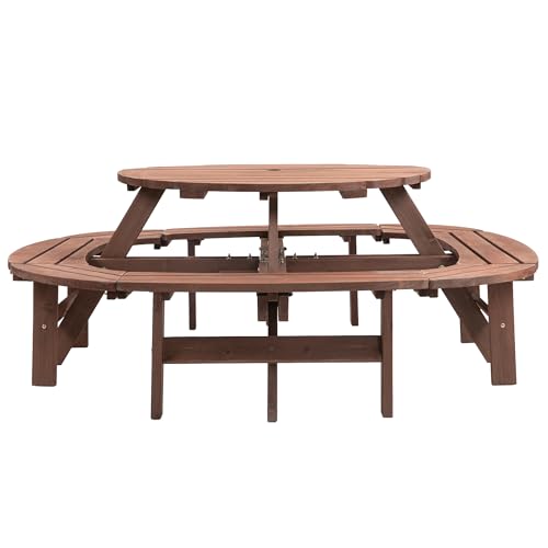 10-12 Person Picnic Table Round Outdoor Dining Table with Umbrella Hole,1 Built-in Ring Stool,Wooden Outside Picnic Tables and Bench Set for Garden,Patio, Backyard,2500LBS Total Capacity,Walnut Brown Pvillez