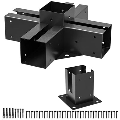 TROPTOLKY 4x4 Pergola Brackets Kit, 5-Way Powder-Coated Woodworks Corner Brackets, 1 Bracket Shoulders & 1 Wood Post Base, 2PCS Woodwork Pergola Kit Elevated Wood Stand Kit