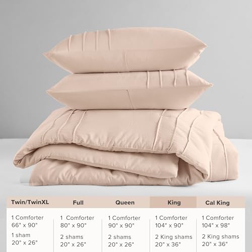 Comfort Spaces Blush King Size Comforter Set - 3 Piece Pintuck Pleated Bedding Set, All Season Lightweight, Extra Soft Pre-Washed Microfiber Bed Set, Shams Comfort Spaces