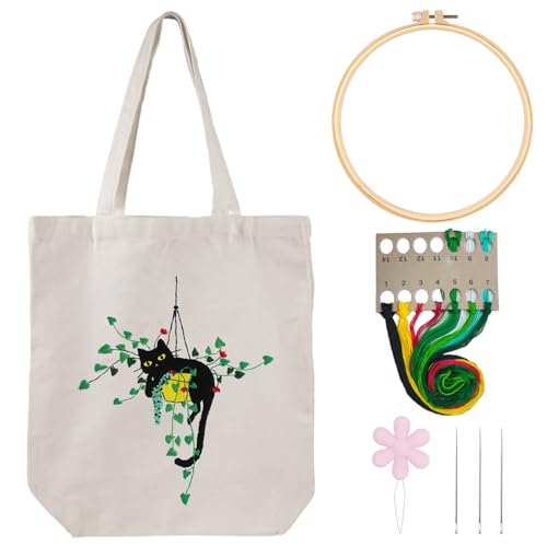 Louise Maelys Canvas Tote Bag Embroidery Kit for Beginners,Cross Stitch Kits for Adults,Arts and DIY Crafts Needlepoint with Plant Cat Pattern,Women Shopping Reusable Grocery Bags