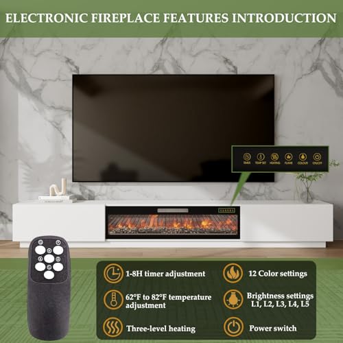 TAMUNE 109" Electric Fireplace TV Stand with 2 Drawers, Media Center with 46" Electric Fireplace, 12 Color Lights, for Living Room Guest Room White 15.7" D x 109.4" W x 14.9" H TAMUNE