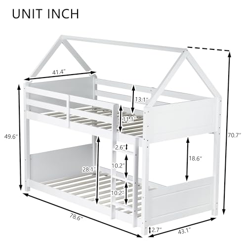 PVWIIK House Floor Bunk Bed/Twin Over Twin with Ladder & Guardrails and Headboards,Wood Bunk Bed Frame,Space Saving Design,No Box Spring Needed,White PVWIIK