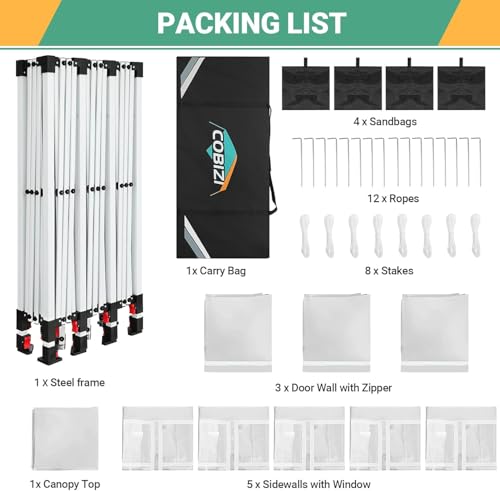 COBIZI 10x30 Pop Up Canopy Tent for Parties with 8 Sidewalls Waterproof Commercial Instant Canopy 10x30 Party Tent for Backyard, Wedding Portable Outdoor Gazebo with Carrybag&4 Sandbags(White COBIZI