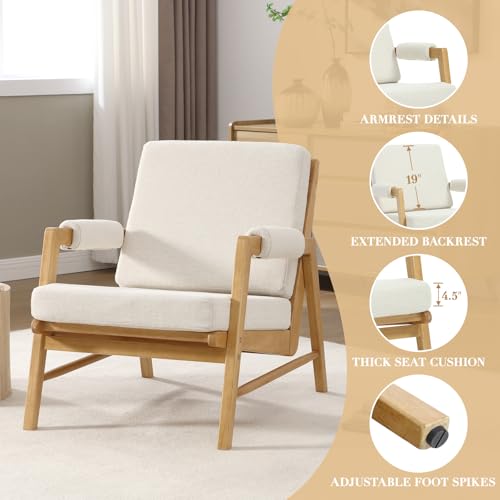 CIMOTA Mid Century Modern Accent Chair, Linen Upholstered Living Room Chairs with Arms, Comfy Reading Chair with Solid Wood Frame, High Back for Bedroom, Waiting Room, Office, Beige CIMOTA