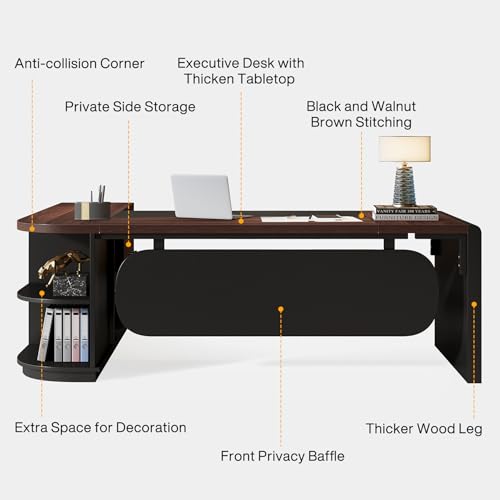 Tribesigns 80'' L-Shaped Desk, Large Executive Office Desk with 55'' Drawers Cabinet, Modern Computer Table with Storage Shelves, Business Furniture for Home Office, Walnut & Black Tribesigns