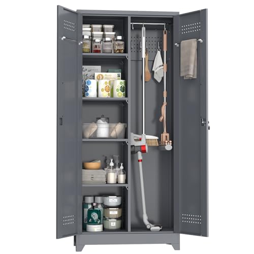 NICEGDLT Metal Storage Cabinet with Lock,72" Garage Storage Cabinets with Hanging Rod & S-Hooks,Large Storage Cabinet with Shelves,Locking Tool Utility Closet for Home,Garage,Utility Room,Dark Grey NICEGDLT