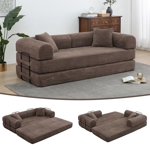 JJJ 63 inch Sofa Bed 4-in-1 Boneless Convertible Corduroy Sleeper Folding Couch with Fixed-Shape Frame and 2 Futons No Assemble Required 3 Seater Upholstered for Living Room (Brown, 63 inch) JJJ