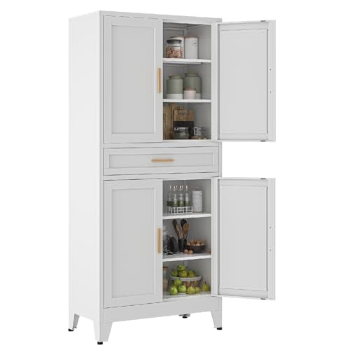 XIOMIOHTRQ Metal Storage Cabinet, 71” Tall Kitchen Pantry Cabinets, Steel File Cabinet with 4 Doors & Adjustable Shelves and Drawer for Kitchen, Dining Room, Living Room, Bathroom XIOMIOHTRQ