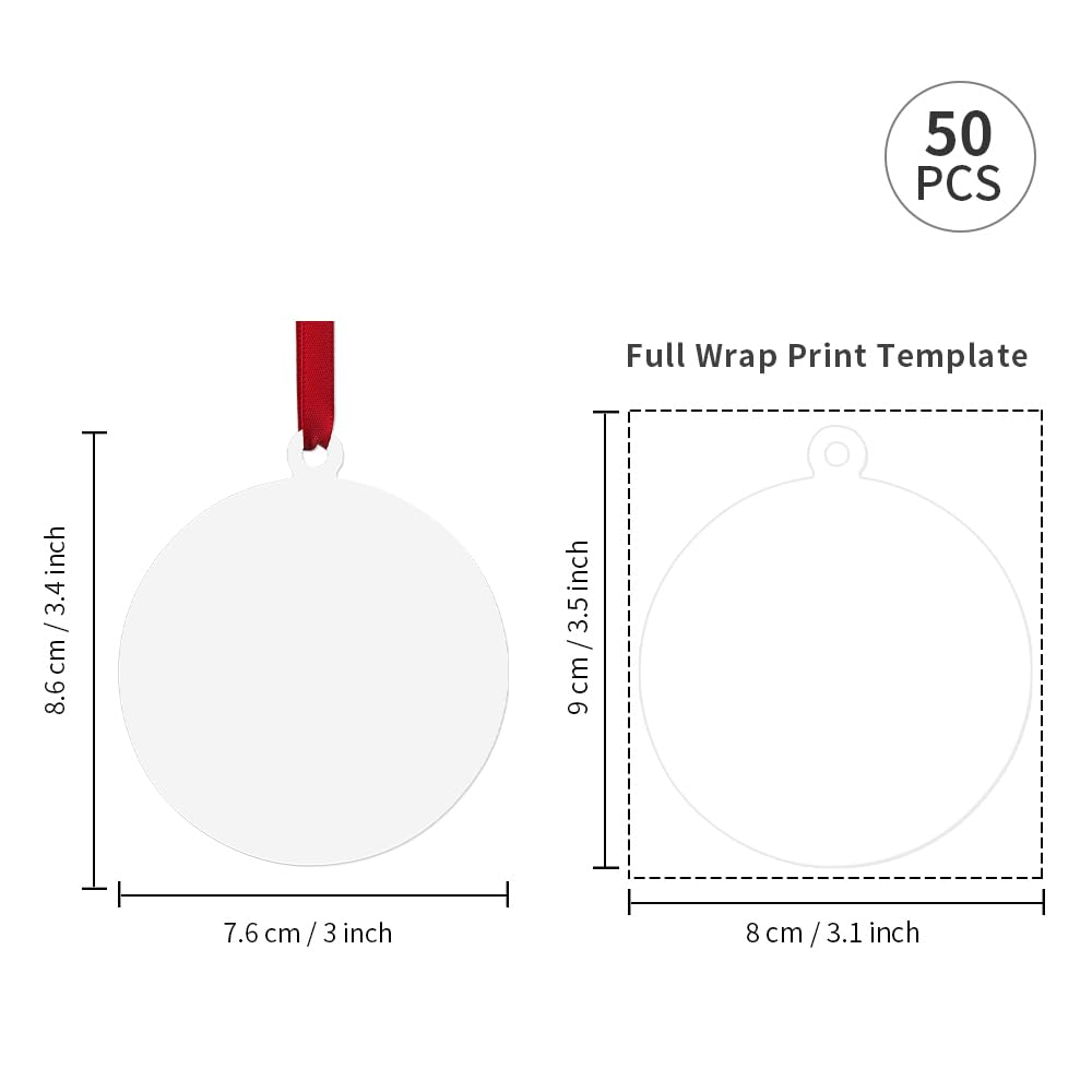 PYD Life 50 Pack Sublimation Ornaments Round Blanks 3 Inch Hardboard MDF Double-Sided Printable Bulk with Red Ribbon for Sublimation Personalized Christmas Tree Home Decor PYD Life