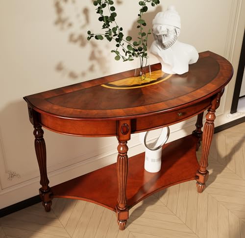 MODERION Solid Wood Console Table with Drawer, Semi-Circle Entryway Storage Shelf, Half-Moon Carvings Side Elegant Vintage Sofa for Living Room,Blank Wall Walnut SFZ1533WD-DR Brown 47.7*18*30.2 MODERION