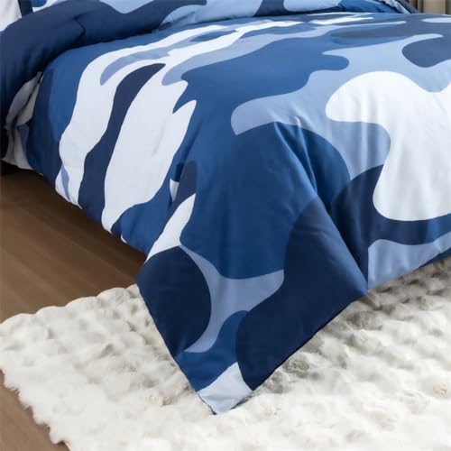 Holawakaka Twin Size Camouflage Bedding Comforter Set with Sheets, Boys Girls Men Camo Bed in A Bag 5 Pieces, Kids Teens Dorm Bed Sets Neutral Farmhouse Lodge Cabin Army Bedspread (Blue, Twin) Holawakaka