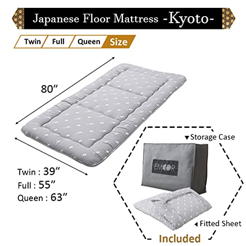 EMOOR Japanese Floor Futon Set (Mattress, Cover & Storage Case) -Kyoto- Full Size (55x80in) Gray, Sleeping Mat Tatami Bed Pad EMOOR