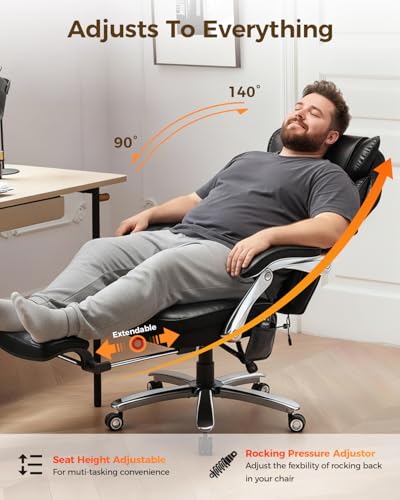 600LBS Big and Tall Office Chair with Massage and Heat, 23.5" Wide Leather Office Chair with Back Support, Ergonomic Comfort 140° Reclining Desk Chairs Managerial Chairs for Heavy People smartue