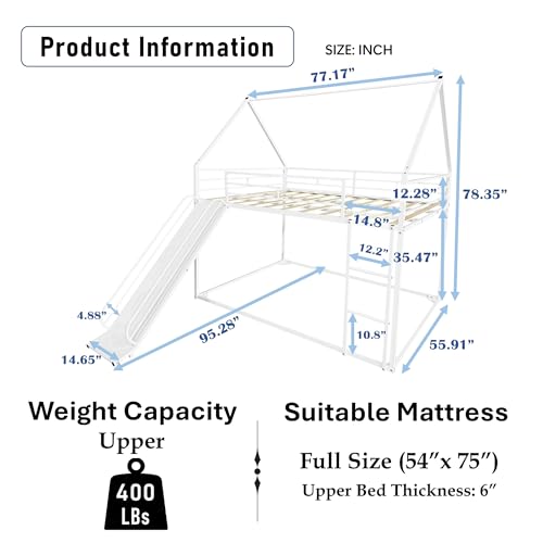 PVWIIK Bunk Bed Full Over Full with Slide for Girls,Boys,Full House Bunk Bed Frame with Guardrail & Ladder,Noise-Free,Easy Assemble,No Box Spring Needed,White PVWIIK