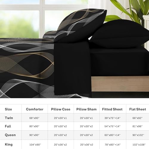 Nesker 7 Pcs Comforter Set Queen Size, Striped Minimalist Bedding Set for Kids and Adults, White Golden Wave Bed Sheet Sets with Fitted Sheet 2 Pillowcases & 2 Shams Nesker