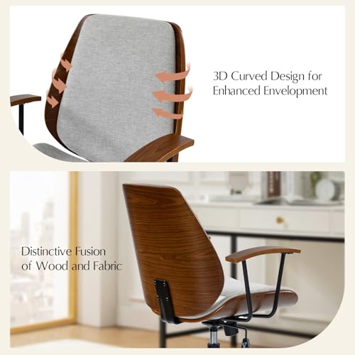 HULALA HOME Solid Wood Office Chair with Rocking Function, Comfy Fabric Desk Chair with Bent Wood and Metal Base, Height Adjustable Swivel Computer Task Chair, Grey HULALA HOME