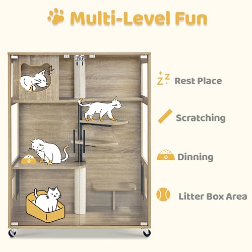 Lovupet Wooden Cat House with Scratching Posts, Luxury Large Cat Condo with Lockable Wheels, Indoor Kitten Cage with Escape Door, GC11 Lovupet