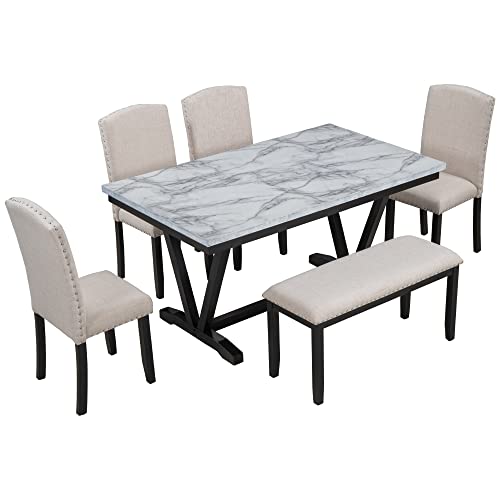 Merax Modern Style 6-Person Dining Table Set with 4 Chairs & a Bench, Marbled Veneers Tabletop and V-Shaped Table Legs, White Merax