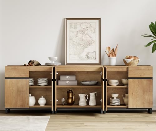 WAMPAT 3 in 1 Multifunctional Sideboard Buffet Cabinets, Modern Sideboard with Adjustable Shelf and Metal Base, Coffee Bar Cabinet Storage Cabinet for Living Room, Kitchen,Oak WAMPAT