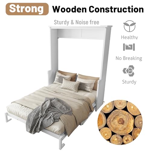 MoproBeti Wood Murphy Bed Queen Size, Space-Saving Hidden Foldable Wall Bed with Storage Shelf and Gas Struts for Bedroom,Guest Room,Home Office, Gym,No Box Spring Needed, White MoproBeti