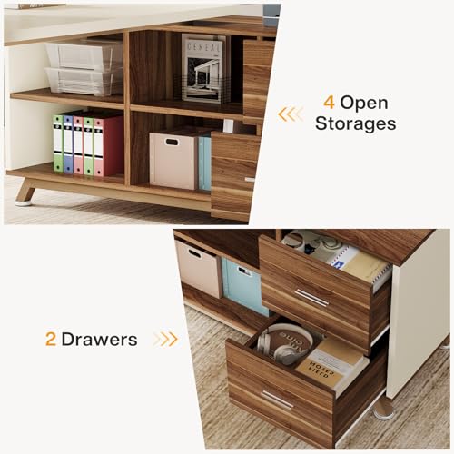 Tribesigns 78.7-Inch Executive Desk, L-Shaped Desk with 55-Inch Cabinet, Large Office Desk with Storage Shelves, Modern Computer Desk for Home Office, White & Walnut Tribesigns