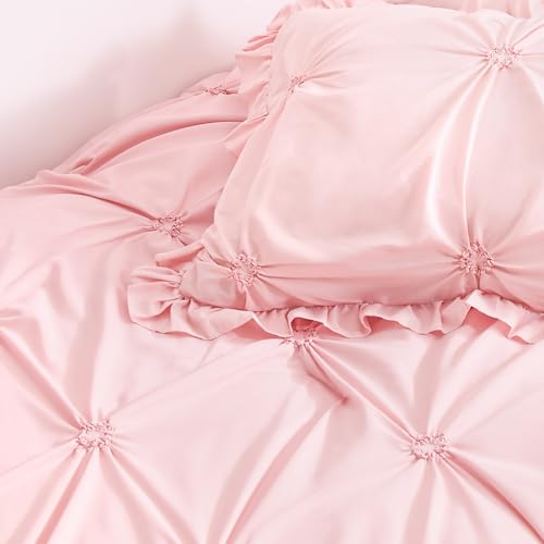 Wowelife Twin Comforter Set for Girls, Boho Pintuck Bedding Comforter Sets, 4 Pieces Ruffles Jacquard Embroidery Twin Bedding Sets with Comforter, Fitted Sheet, Flat Sheet and Pillowcase, Pink Wowelife