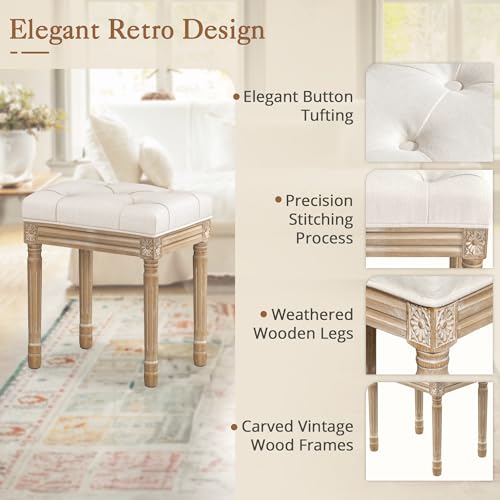 LUE BONA Upholstered Fabric Vanity Bench Seat, Makeup Stools for Vanity, Square Tufted Ottoman Bench with Carved Wood Color Legs for Bedroom Living Room, Beige LUE BONA