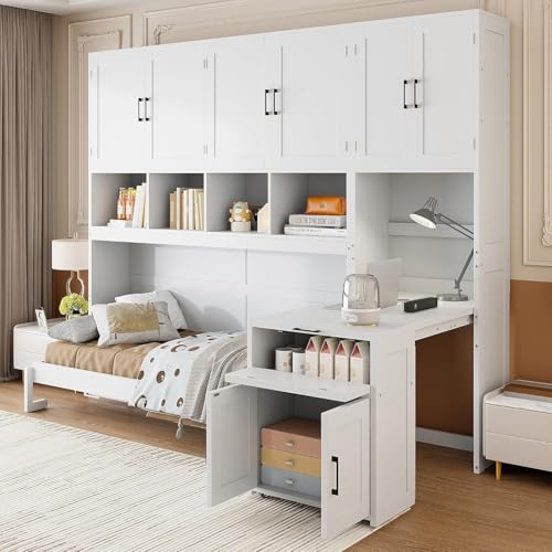 Virubi Twin Horizontal Murphy Bed with Desk and Wardrobe Closet,Wood Twin Folding Murphy Wall Bed with Storage Shelves Cabinets and Drawers for Adult (White) Virubi