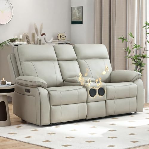 RIHEREFY Power Reclining Loveseat with LED Reading Light, Breathable Leather Loveseat Recliner Sofa RV Wall Hugger Double Recliners with Bluetooth Speaker/Drawer/USB/Type C (Gray, 2 Seater)