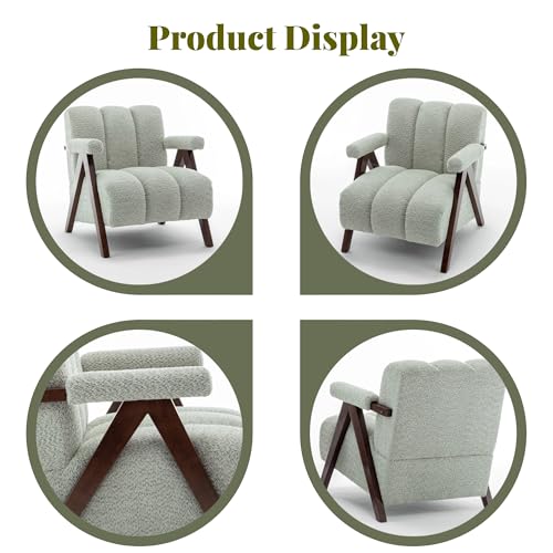 DRKAT Mid Century Modern Accent Chair with Solid Wood Frame, Boucle Upholstered Living Room Chairs with Thick Cushion, Comfy Tufted Arm Chair for Bedroom, Sage DRKAT