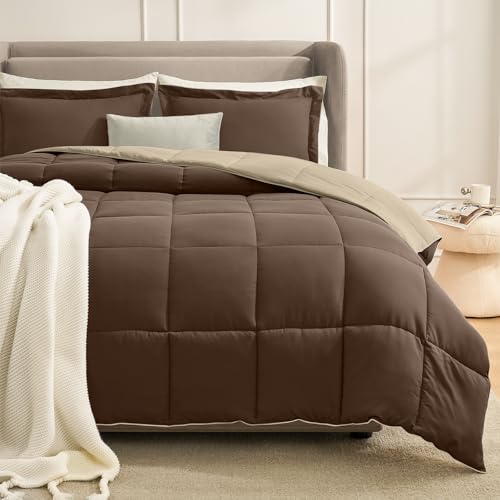 Homelike Moment Queen Comforter Set Brown, Comforters Queen Size Set Lightweight Reversible Down Alternative Bed Comforter Full Size Soft, All Season 3 Pieces Sets Brown/Beige Homelike Moment