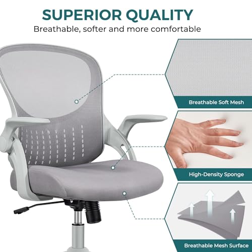 Smug Home Office Chair Ergonomic Desk Chair Mesh Computer Chair Modern Height Adjustable Swivel Chair with Lumbar Support/Flip-up Arms, Grey SMUG