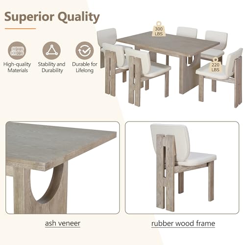 Merax Wood Dining Table Set for 6, Rectangular Tabletop/Upholstered Chairs/Retro Geometric Design, Ideal for Dining-Room and Kitchen, Natural Merax