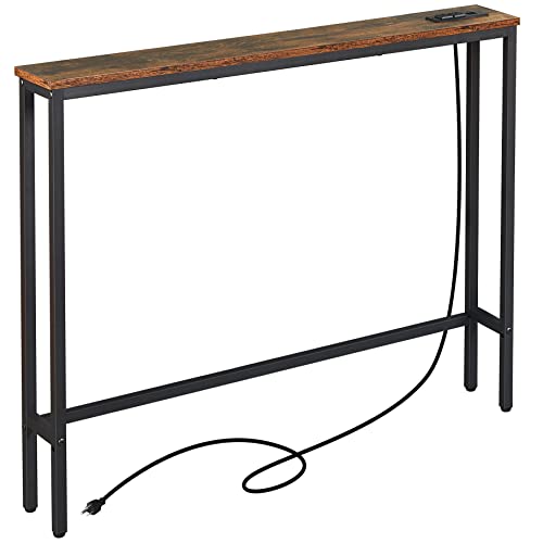 ELYKEN 5.9" Narrow Console Sofa Table with Power Outlets and USB Port, 5.9" Dx39.4 Wx31.1 H Long Behind Couch Table with Metal Frame and 6.5’ Extension Cord, Rustic Brown ELYKEN