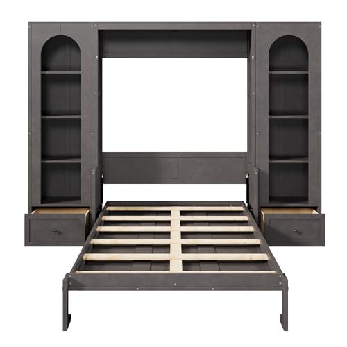 Merax Queen Size Murphy Platform Bed with Shelf, Side Cabinets, Drawers and LED, Gray Merax
