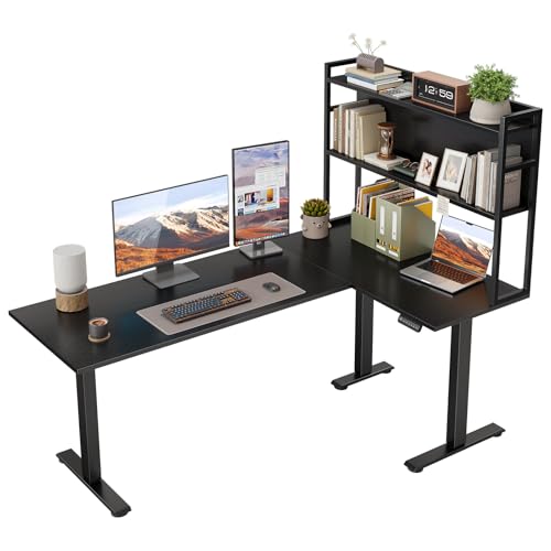 OffiGo L Shaped Electric Standing Desk, 63 Inch Reversible Corner Stand up Table with Hutch, Height Adjustable Ergonomic Large Lift Table for Home Office, Workstation, Black OffiGo
