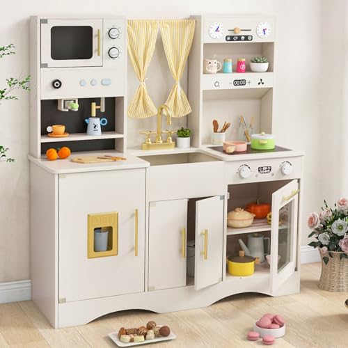 INFANS Kids Kitchen Playset, Cooking Toy Kitchen Set with Coffee Machine Stove Removable Sink Microwave Storage Cabinet, Simulation Wooden Play Kitchen for Toddler Boys Girls (Cream White) INFANS