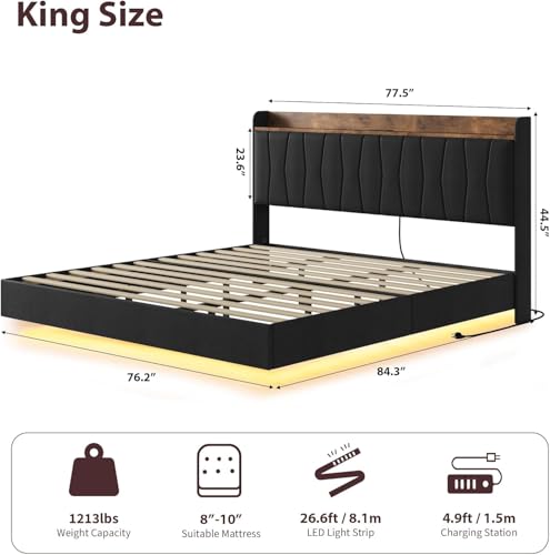 Garvee King Size Floating Bed Frame with LED Lights and Storage Headboard, King Upholstered Metal Platform Bed with Charging Station, Linen Fabric, No Box Spring Needed, Easy Assembly, Black Garvee