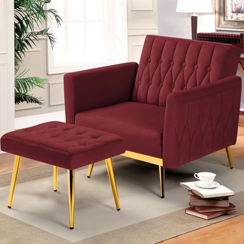 ACMEASE Velvet Accent Chair with Adjustable Armrests and Backrest, Button Tufted Lounge Chair, Single Recliner Armchair with Ottoman and Pillow for Living Room, Bedroom, Red